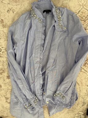 J.Crew Embellished Ruffle Collar Light Blue button down blouse